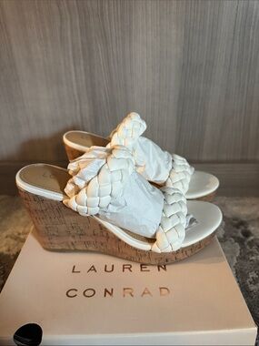 LC Lauren Conrad White Braided Cork Wedge Sandals